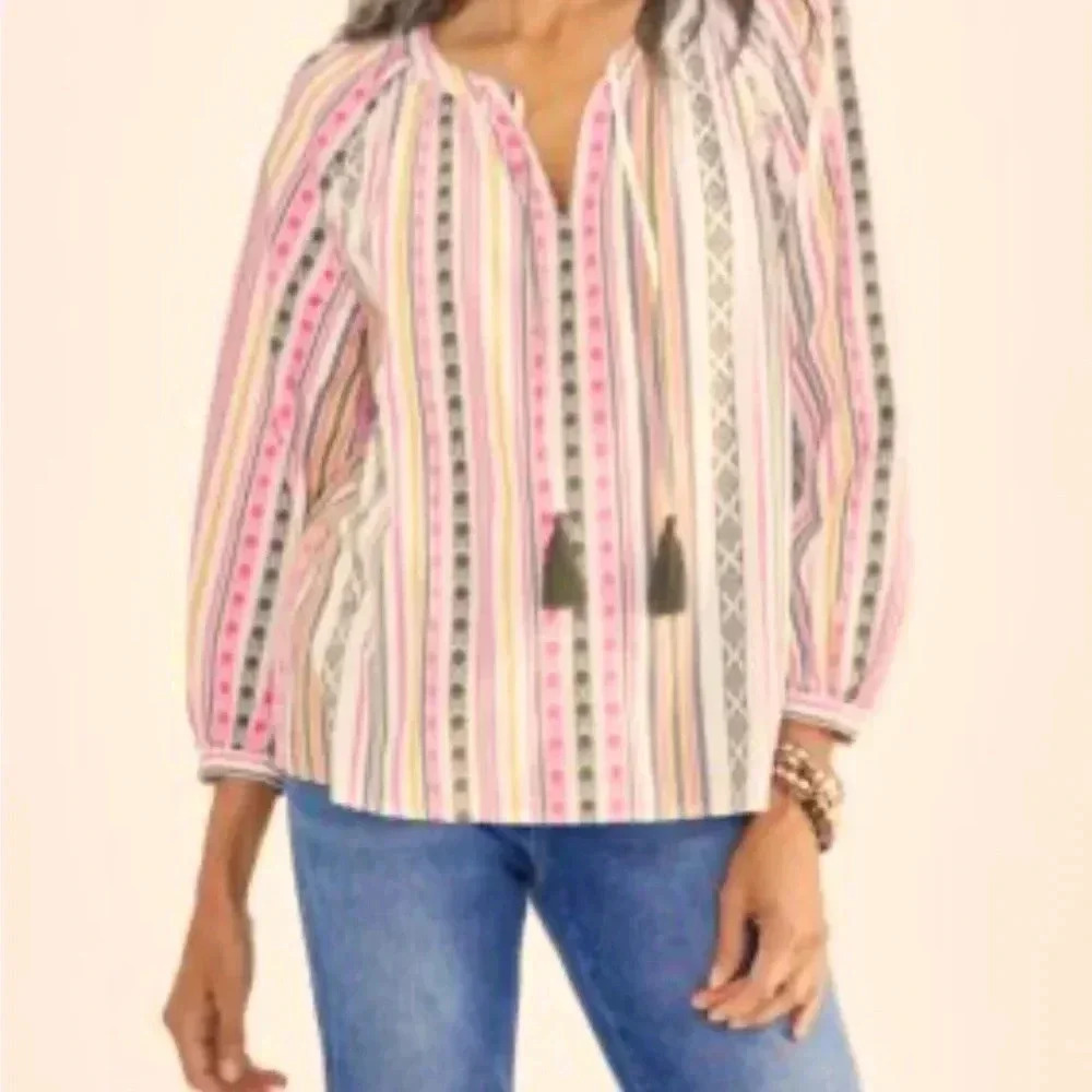 Style & Co Women's Jacquard Pink Yellow Gray‎ Striped Peasant Cotton Blouse Med.